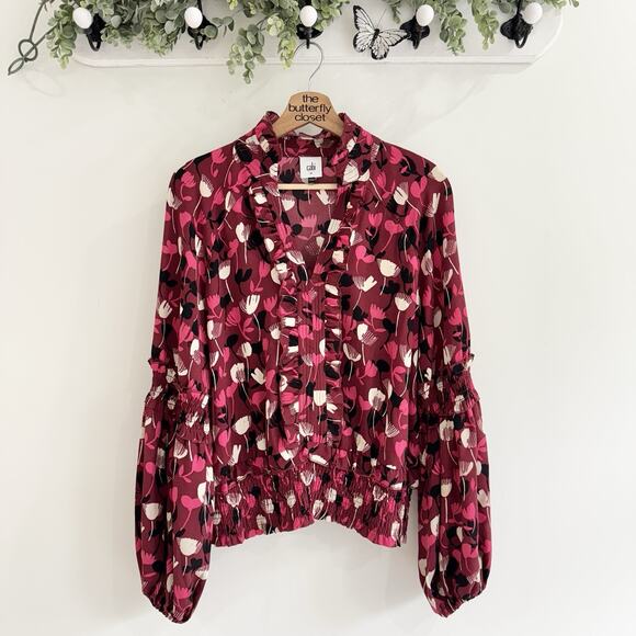 Cabi Corsage Blouse in Wine #4157 Elastic Sleeves and Waist - Size M 9-8019 - Picture 1 of 4